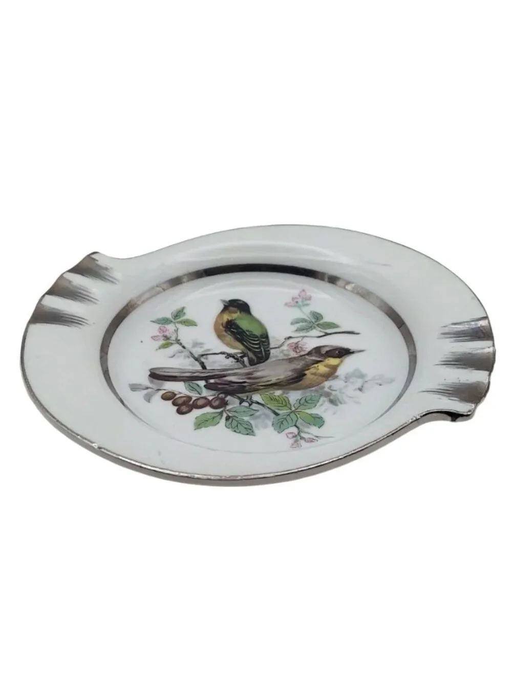 Norleans Porcelain Ashtray With Bird Motif & Silver Trim Japan Vintage MCM